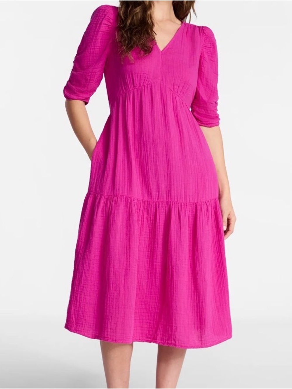 Time and Tru Women's Cotton Tiered Midi Dress with Elbow Length L 12-14